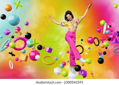 3d creative metaphor collage of happy young lady dancing on math symbol wave enjoy dream augmented reality