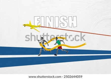 3d creative template collage of two young guys running finish line sprint olympic games sport event concept fantasy billboard comics zine