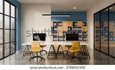 3D Creative working office interior with computer decorative with blue and yellow color.