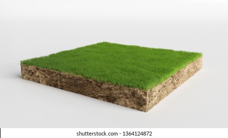 3D cubical grass land with soil geology cross section, 3D Illustration ground ecology isolated on white