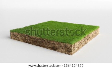 3D cubical grass land with soil geology cross section, 3D Illustration ground ecology isolated on white