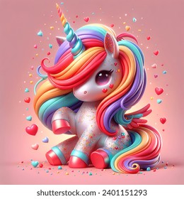 3D, lindo, unicornio colorido para el día de san valentín