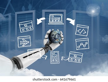 3D Digital composite of hand holding planet earth with screen computer drawings graphics - Powered by Shutterstock