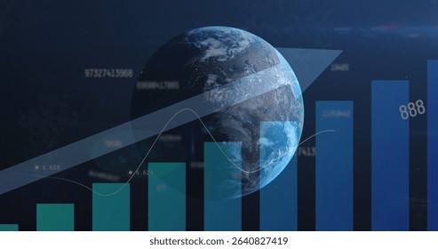 3D Earth globe spinning in space, with colored columns, line curve, upward arrow, numeric labels. Geography, data visualization, technology, innovation, futuristic, analytics, digital - Powered by Shutterstock - Get 15% off with code: PIKWIZARD15