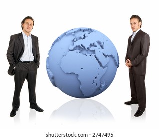 3d earth has businessman on each side