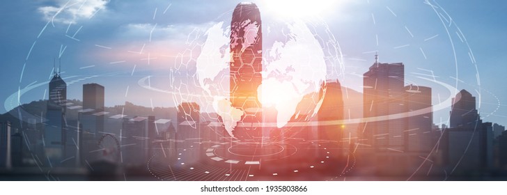 3d earth on the background of a modern city - Shutterstock ID 1935803866
