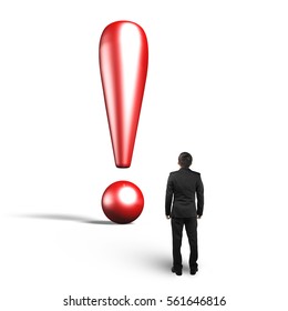 3D exclamation point with man looking up, isolated on gray background.