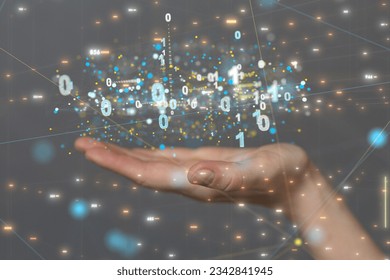 A 3d floating binary code over a hand - a concept of cybersecurity