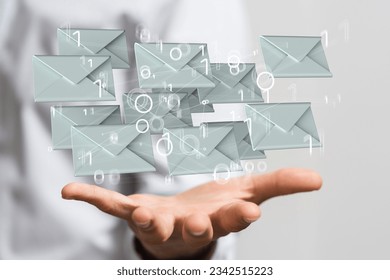 A 3d floating digital illustration of message icons and binary code  over a hand- the concept of connection - Powered by Shutterstock - Get 15% off with code: PIKWIZARD15