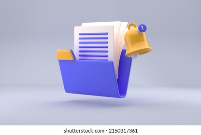 3D folder and documents with notification ring sign on grey background, documents icon, blue and yellow colors. 3d rendering