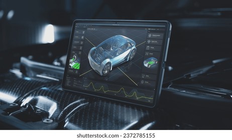 3D futuristic animation of professional program for car diagnostic with 3D virtual electric vehicle prototype displayed on digital tablet computer screen. Concept of modern car developing technology. - Powered by Shutterstock