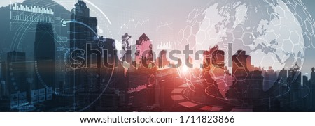 3D Globe City. Visual interface char graphics diagrams infographics business intelligence analytics trading investment concept city view website header background.