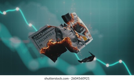 3D Graphics of Burning Hundred Dollar Bill and Charts. Visualization of Economic Crisis, Inflation and Devaluation of Currency. Financial and Market Instability. Loss of Paper Money. Visual Effects.