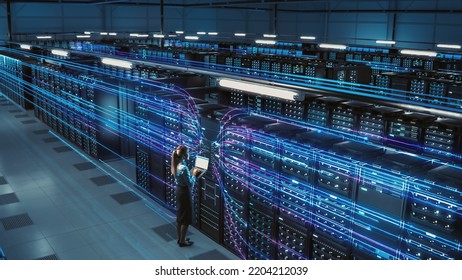 3D Graphics Concept: Big Data Center Female Chief Technology Officer Using Laptop Standing In Warehouse, Activates Servers, Information Digitalization Starts. SAAS, Cloud Computing, Web Service - Shutterstock ID 2204212039