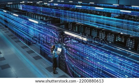 3D Graphics Concept: Big Data Center Female Chief Technology Officer Using Laptop Standing In Warehouse, Activates Servers, Information Digitalization Starts. SAAS, Cloud Computing, Online Service