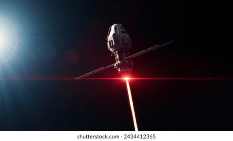 3D graphics of the satellite attacking space object with laser weapon in outer space. Political and geopolitical rivalry between America and Russia in cosmos. Threat of nuclear aggression and war.