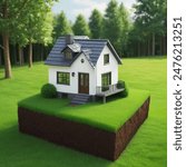3D house with lawn on soil and green grass background, real estate