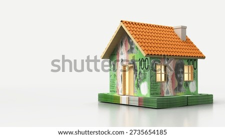 3d house placed on a stack of Australian dollar banknotes, symbolizing real estate prices, mortgage, investment and housing market.