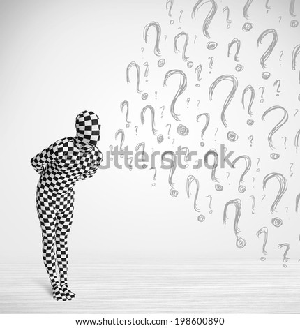 3d human character is body suit morphsuit looking at hand drawn question marks