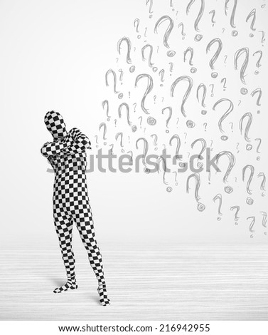 3d human character in body suit looking at hand drawn question marks