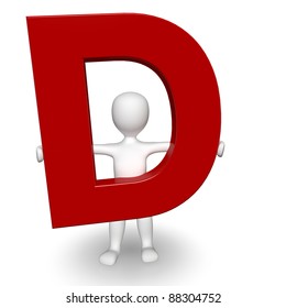 3D Human Charcter Holding Red Letter D, 3d Render, Isolated On White