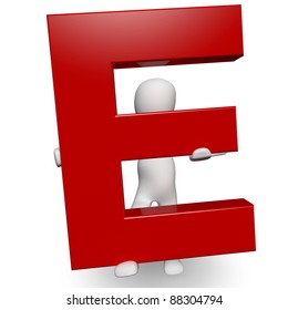 3D Human Charcter Holding Red Letter E, 3d Render, Isolated On White