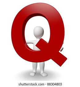 3D Human Charcter Holding Red Letter Q, 3d Render, Isolated On White