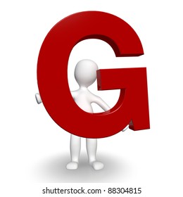 3D Human Charcter Holding Red Letter G, 3d Render, Isolated On White