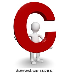 3D Human Charcter Holding Red Letter C, 3d Render, Isolated On White