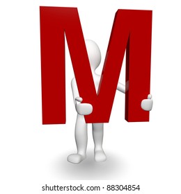 3D Human Charcter Holding Red Letter M, 3d Render, Isolated On White