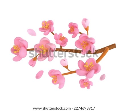 3D icon render spring Cherry Blossom Sakura branch illustration. Simple and cute petal isolated on white background with clipping path