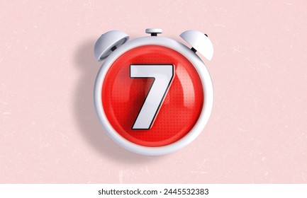 3D illustration of a clock style counter and stopwatch in white color with the number 7 inside. Day 7