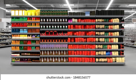3D illustration of Coffee packagings on shelf in supermarket. Suitable for presenting new products and new designs, labels and to better present new coffee brands among many other.