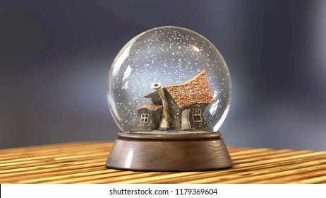 3D Illustration Of An Curved Old Made Of Stone Weird House With A Chimney And A Tiled Roof In A Snowing Inside Glass Globe Standing On A Wooden Pedestal Base