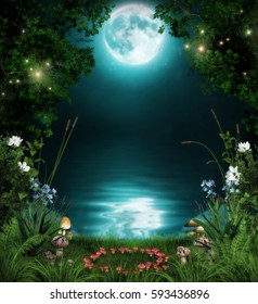 3D illustration of a fairytale forest by an enchanted pond at night in the moonlight.