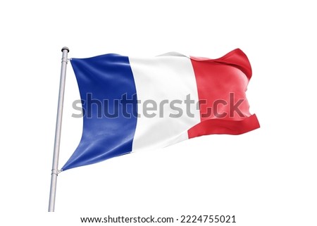 3d illustration of France Flag in White Background. France Flag on pole for Independence day. The symbol of the state on wavy fabric.