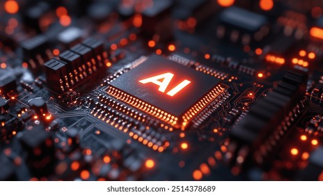 3D illustration of a glowing "AI" logo on a chip, set against a dark blue background with elements and circuit board.
