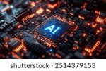 3D illustration of glowing blue "AI" text on a computer chip, dark background with circuit board texture.