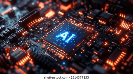 3D illustration of glowing blue "AI" text on a computer chip, dark background with circuit board texture. - Powered by Shutterstock