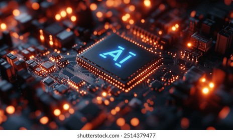 3D illustration of glowing blue "AI" text on a chip, with a dark background and circuit board texture.