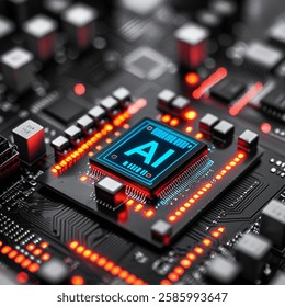 3D illustration of glowing blue "AI" text on a computer chip, dark background with circuit board texture.