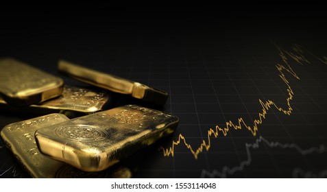 3D-Illustration von Goldbarren auf schwarzem Hintergrund mit einer Grafik. Finanzkonzept, horizontales Bild.