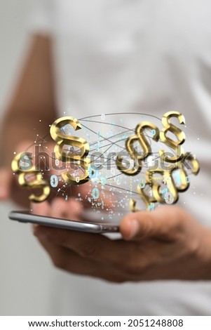 A 3d illustration of golden paragraph symbols connected with wires hovering over a phone in man's hands