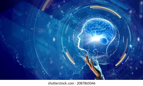 3d illustration. Hand touches digital head with brain. Science. Futuristic. 