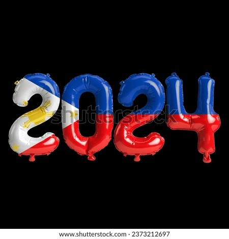 3d illustration of letter about new year 2024 with balloons on color Philippines flag