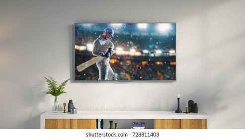 3D Illustration Of A Living Room Led Tv On White Wall With Wooden Table And Plant In Pot Showing Cricket Game Moment .