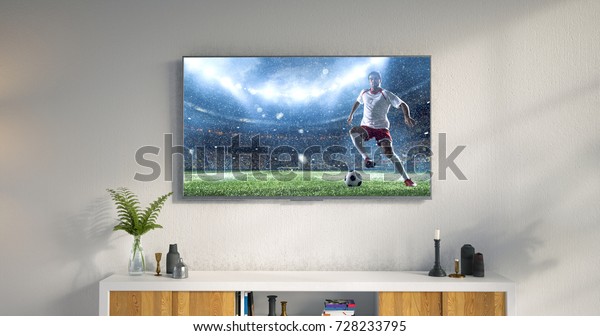 3D illustration of a living room led tv on\
white wall showing soccer game moment\
.