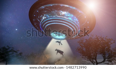 3D Illustration of Man and cow floating to inside of ufo alien ship. Concept of alien abduction 3d render