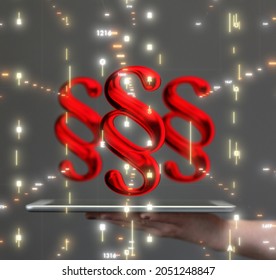 A 3d illustration of red paragraph symbols hovering over a tablet on a woman's palm on the digital background
