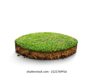 3D Illustration, round soil ground cross section with earth land and green grass, realistic ground ecology, cutaway terrain floor with rock isolated on white background.